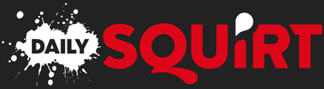 Logo for 'Daily Squirt' with white ink splatter behind 'Daily' and red 'Squirt' text.