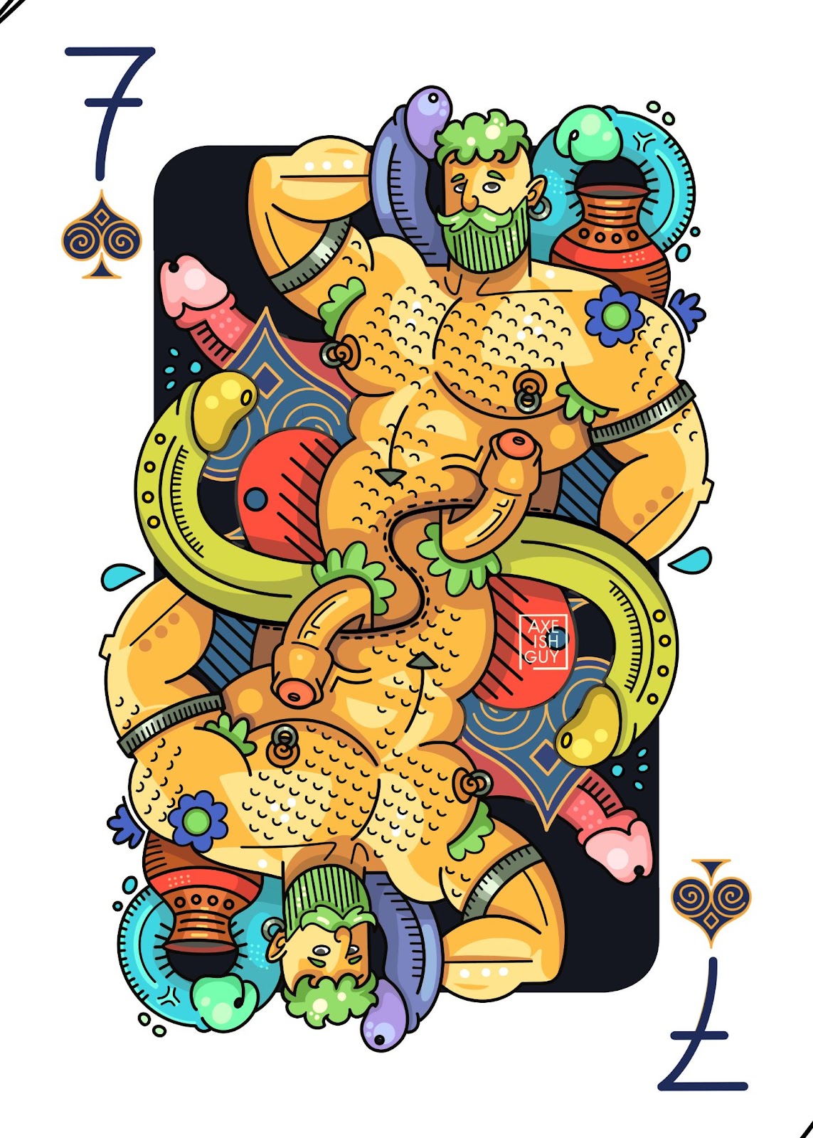 illustration by san francisco based artist Axeish of playing card gay xxx fetish set with horny gay muscle male illustration