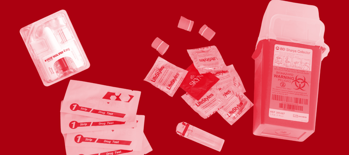 photo of narcan nasal pray drug test strips, condoms like lifestyle and skyn condoms and charps collector for safe needle disposal